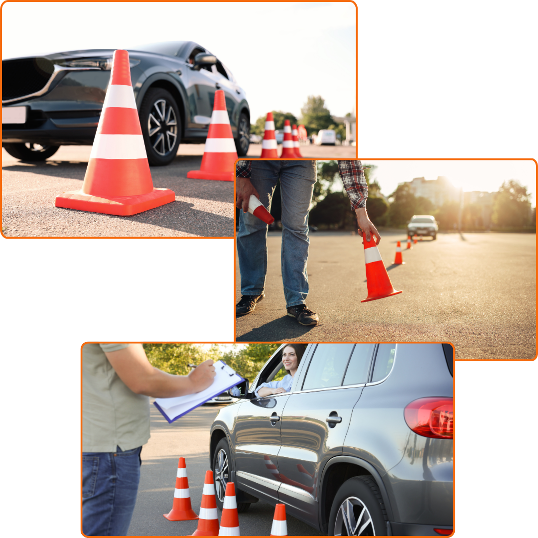 Driver training course with orange traffic cones, instructor evaluating student performance at CBA Drive Smart LLC